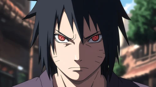 Intense red eyed anime warrior in village sunlight.