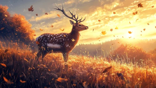 Majestic stag crowned in sunset leaves over golden meadow.