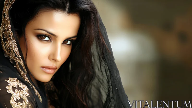 Woman in ornate black veil with focused, direct gaze.