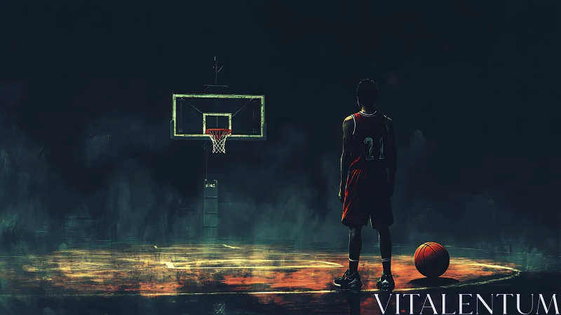 Solitary basketball player studies empty hoop under moody light