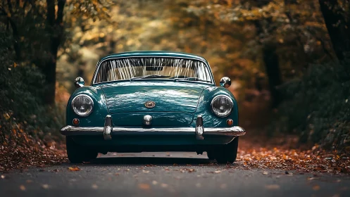 Vintage teal coupe is parked on a forest road in autumn