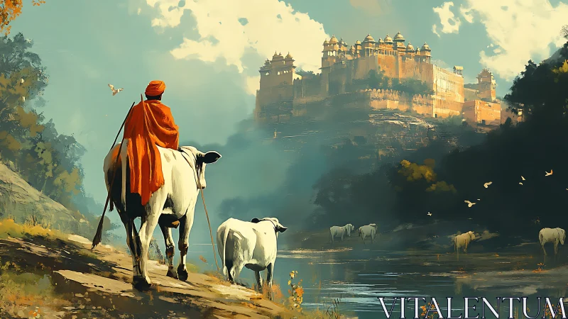 Pastoral river ascent toward fortified hilltop citadel panorama.