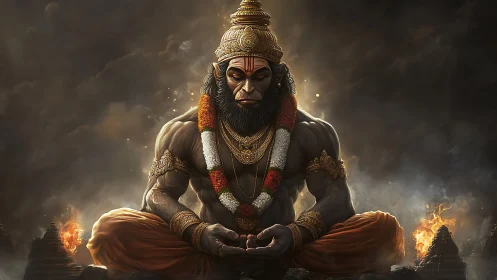 Powerful monkey deity meditating amid smoke and fire.