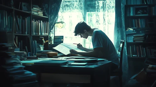Focused student studies alone in a moody book-filled room.