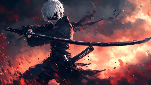 Masked swordsman slices through embers in dynamic anime tableau