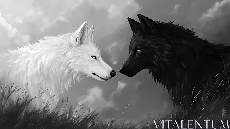 White and black wolves lock eyes in stormlit grayscale field.