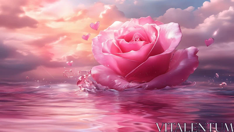 Giant pink rose blooms in fantasy water landscape.