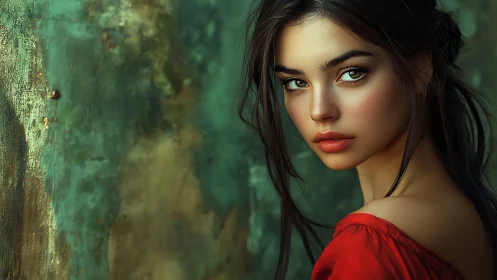 Cinematic portrait of woman in red against textured teal wall.
