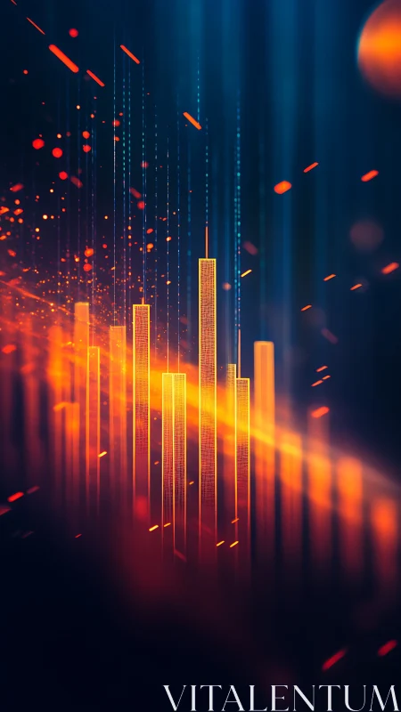 Neon data skyline rising through radiant orange streams.