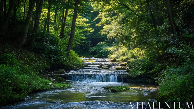 Tranquil forest stream with cascading waterfalls in natural light.