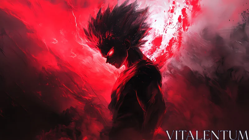 Demonic anime warrior in red inferno energy storm.