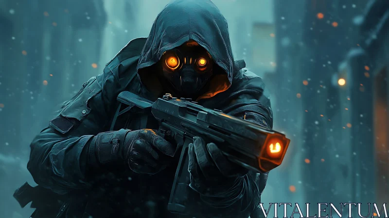 Hooded cybernetic sniper aims glowing rifle in snowstorm.