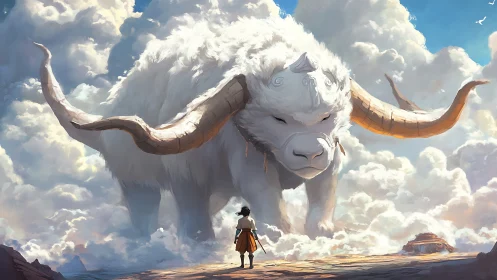 Skyborne titan buffalo meets lone wanderer above clouds.