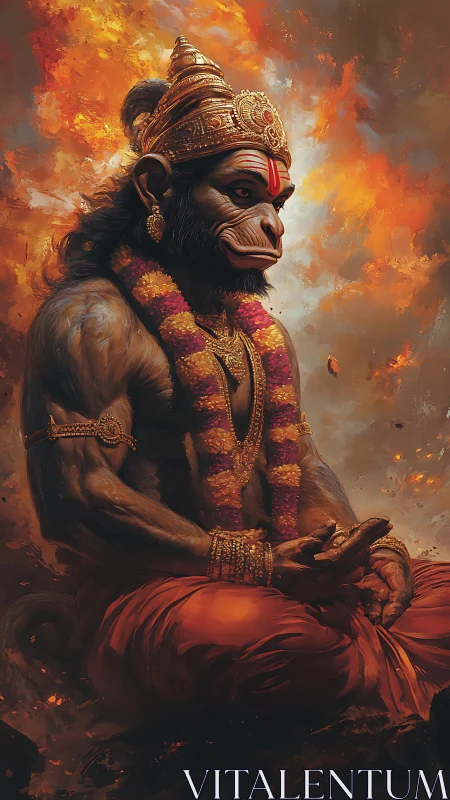 Mythic simian deity in meditative pose amid fiery clouds
