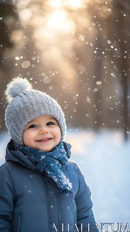 Child Portrait Winter Bokeh: Gray Knit Beanie, Navy Puffer Jacket, Snow Environment