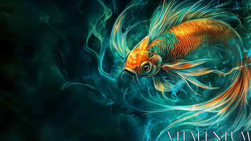 Vibrant digital koi fish with flowing fins in teal water.
