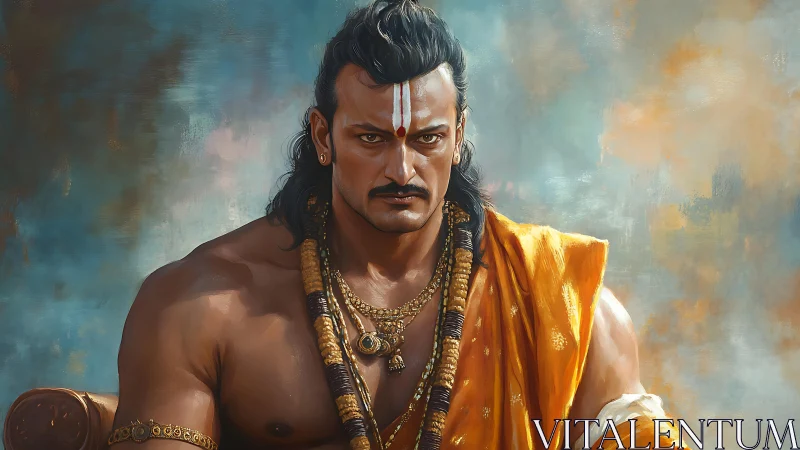 Bare-chested warrior in orange robe stares with intense focus