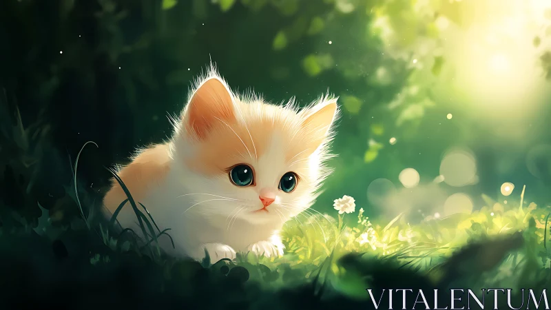 White kitten with orange markings in sunlit grass setting