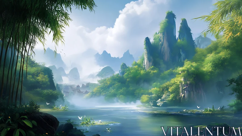 Misty jade mountains over tranquil river and bamboo grove.