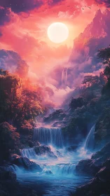 Dreamy glowing waterfalls under a radiant fantasy sky.