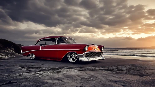 Low-slung classic red coupe glows against a dramatic beach sunset