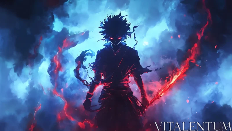 Shadow warrior ignites twin crimson energy blades in storm.