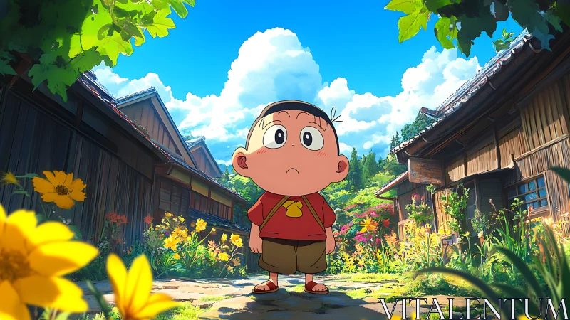 Cartoon child in lush village lane under vivid summer sky.