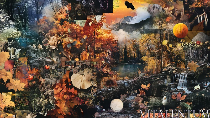 Layered autumnal landscape collage with cascading water elements.