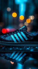 Neon-lit sneaker rests on wet city street with glowing bokeh