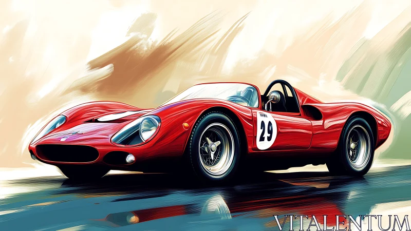Red vintage race car accelerates over glossy abstract track