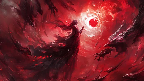 Scarlet sorceress commands swirling cosmic storm of shadows.