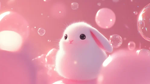 Digital painting of fluffy pink bunny in luminous bubblescape.