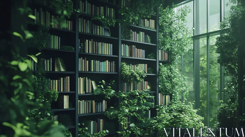 Lush indoor library wall merging bookshelves with greenery.
