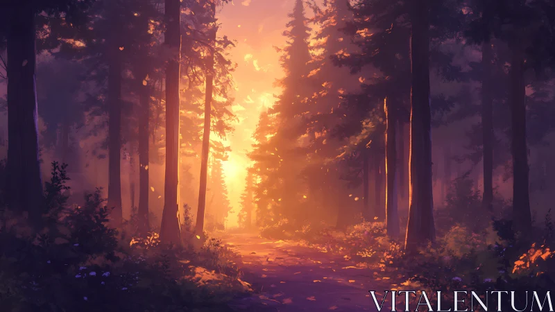 Forest pathway with dawn light penetration through tall tree stands.