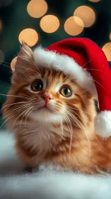 Ginger kitten in Santa hat against soft holiday lights.