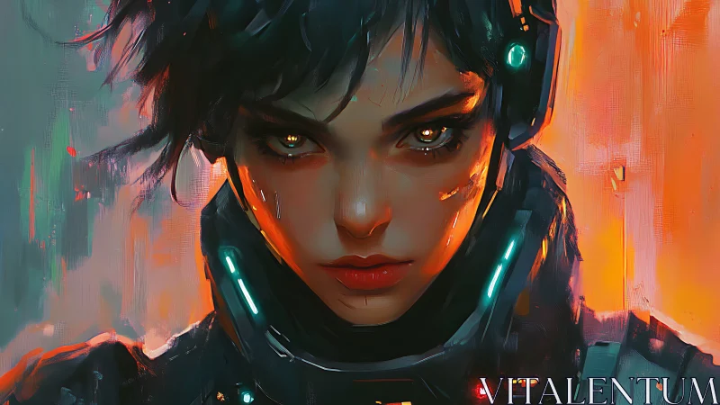 Fierce cyberpunk heroine meets glowing neon battlefield gaze
