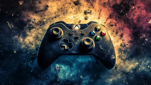 Game controller suspended in cosmic nebula glow.