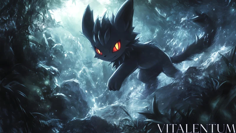 Digital painting of glowing-eyed creature in stormy forest.