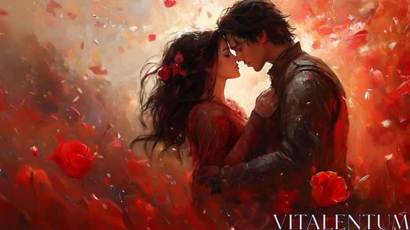 Romantic Pair Embracing Amid Crimson Rose Field Composition.