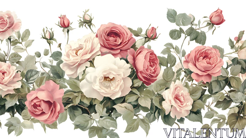Botanical arrangement of pink and cream garden roses.