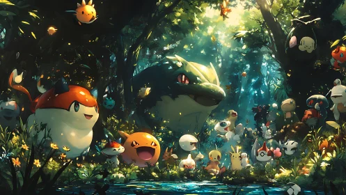 Whimsical forest creatures gathered in glowing woodland clearing.