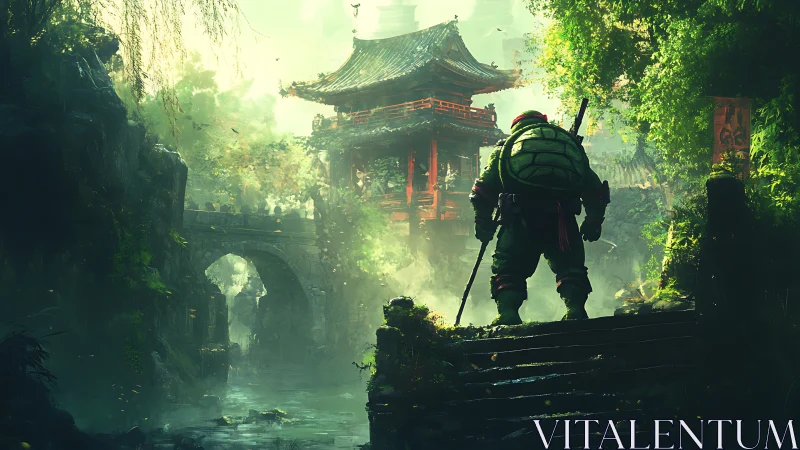 Lone turtle warrior pauses at a misty hidden temple path.
