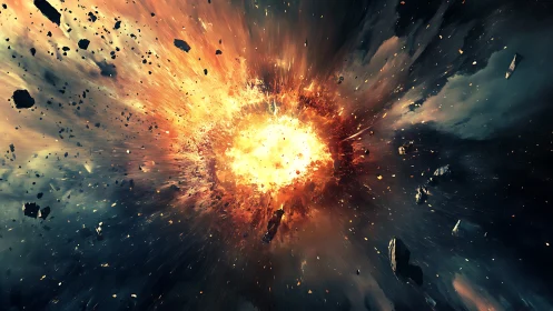 Massive fiery space explosion blasting rock fragments apart.