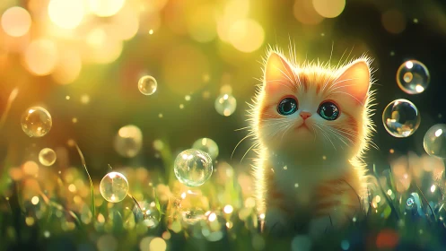 Luminous Kitten Portrait in Bokeh Garden: Digital Fantasy Rendering.