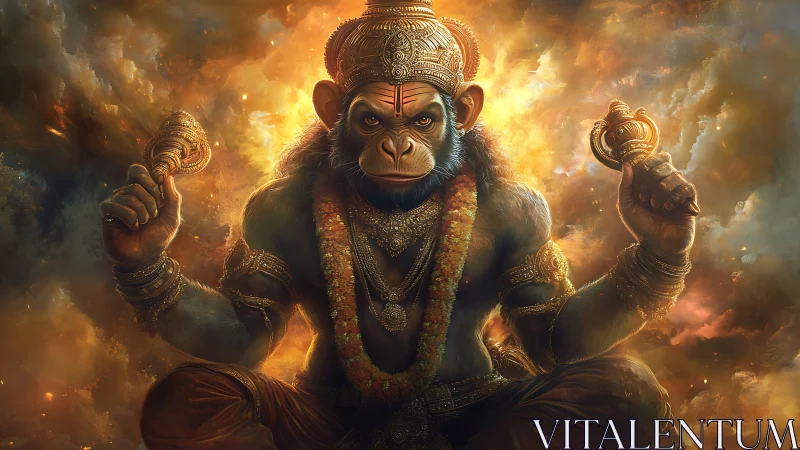 Mythic monkey warrior glows within blazing cosmic fire