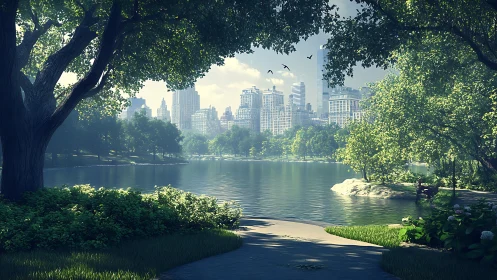 Sunlit city park lake opens a calm window into the skyline