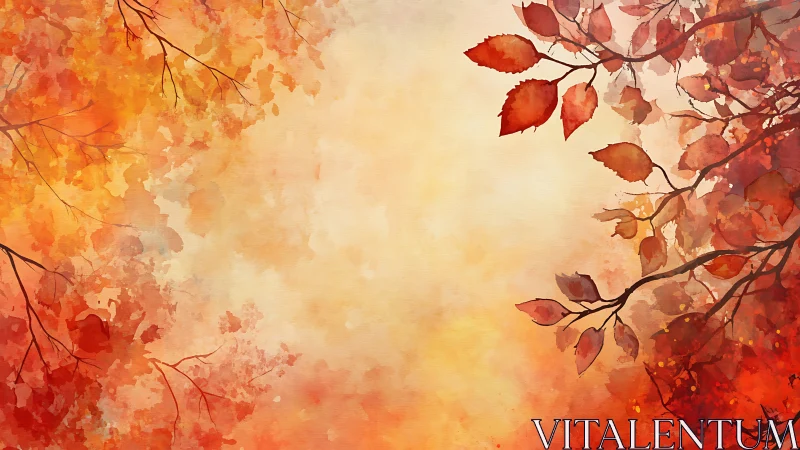 Golden autumn branches gently frame a warm glowing sky