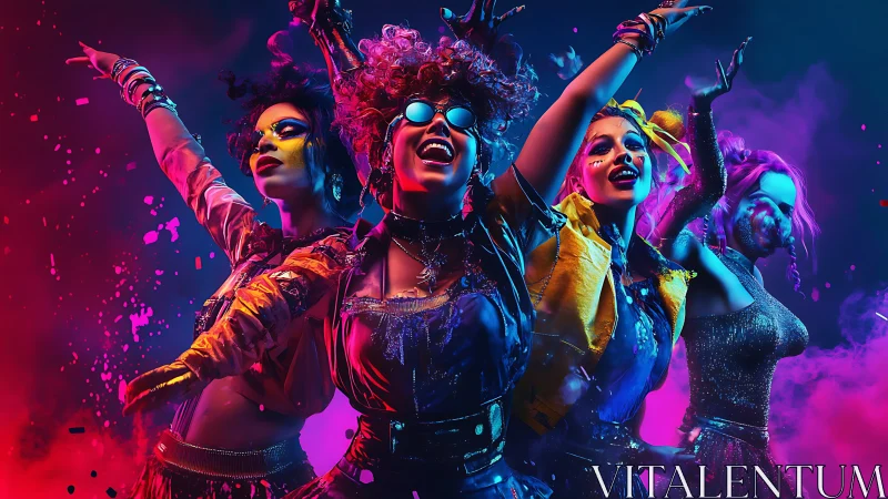 Neon riot of dancing queens in exploding festival color storm.