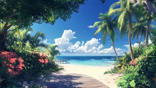 Tropical Paradise Beach Sanctuary With Palm Trees and Coral Blooms.