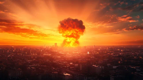 Urban skyline silhouetted against nuclear fireball at sunset